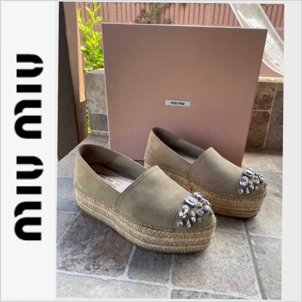 Miu Miu Beige Nubuck Embellished Platform Espadrilles 41/ 10.5